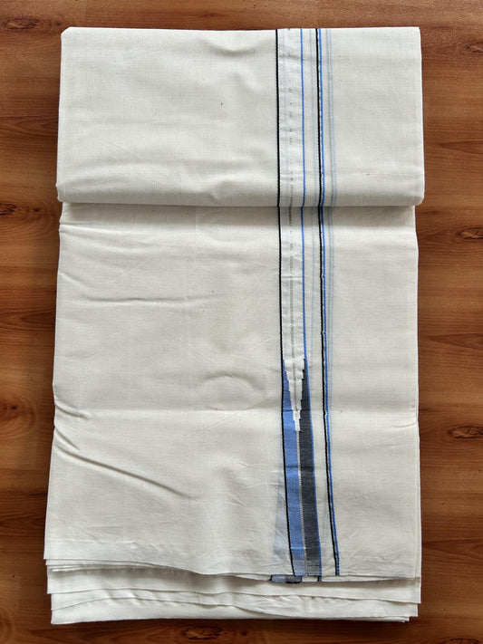 Double Off white Mundu/Dhoti - 20% Discount! KaithariKada Balaramapuram - 100% Cotton 100x100 - 0.75 inch Silver Black & Blue Chutty Kara 4 mtr (8.5 muzham) - 19 KK5407 ASH