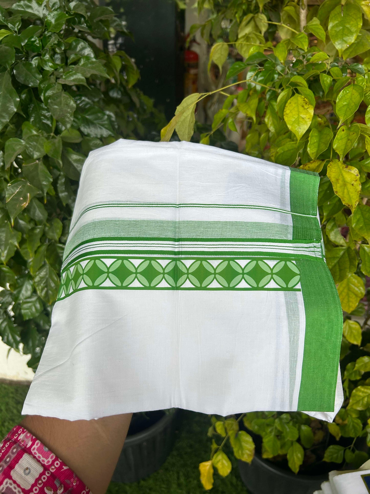 20% Discount ! KaithariKada Balaramapuram Cotton Double Pure white Mundu/Dhoti- 60s - 2.25 inch Reddish Peach Printed Stripes Design Kara - 3.65 mtr (8 muzham) - 17 KK5309 GAN