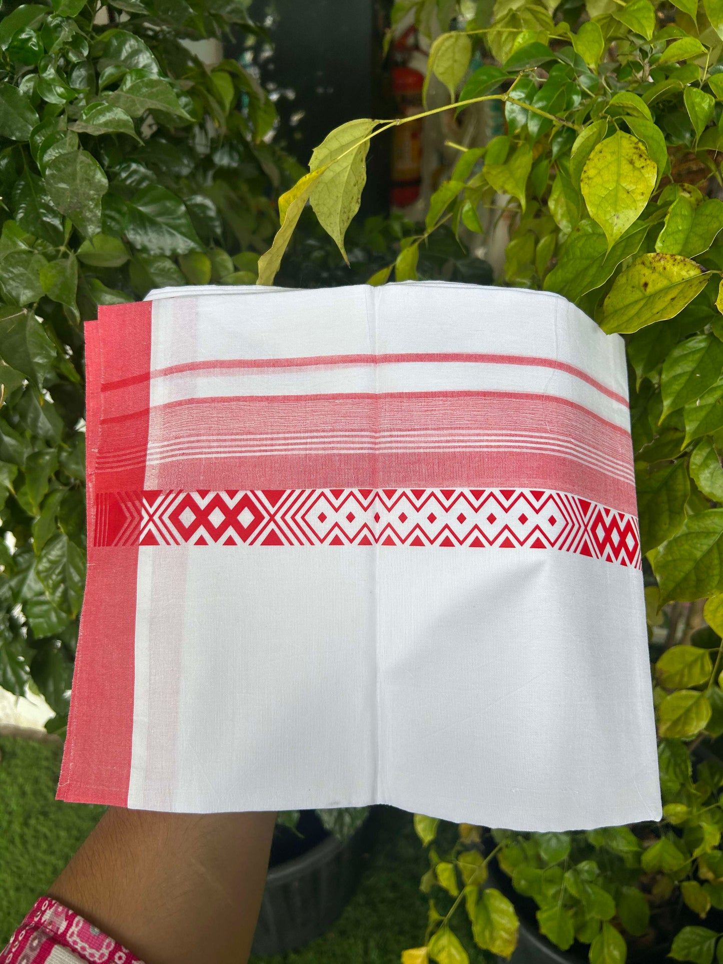 20% Discount ! KaithariKada Balaramapuram Cotton Double Pure white Mundu/Dhoti- 60s - 3.75 inch Reddish Peach Printed Stripes Design Kara - 3.65 mtr (8 muzham) - 16 KK5309 GAN