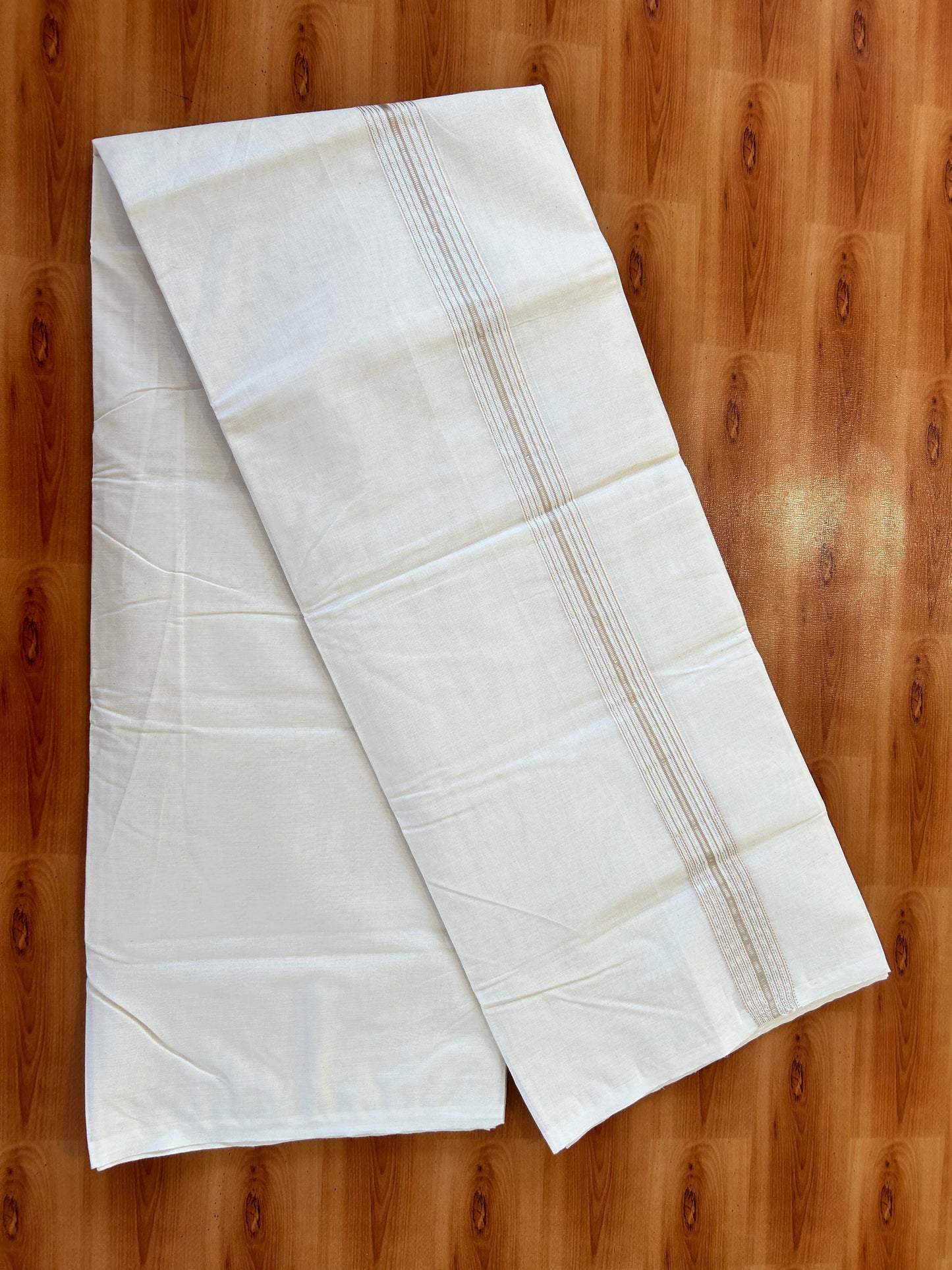 Double Off white Mundu/Dhoti - 20% Discount! KaithariKada Balaramapuram - 100% Cotton  100x100 - 1.25 inch Puliyilakkara Silver Kasav & Cream 12 Line Chutty Kara - 4 mtr (8.5 muzham) - 6 KK5457 ASH