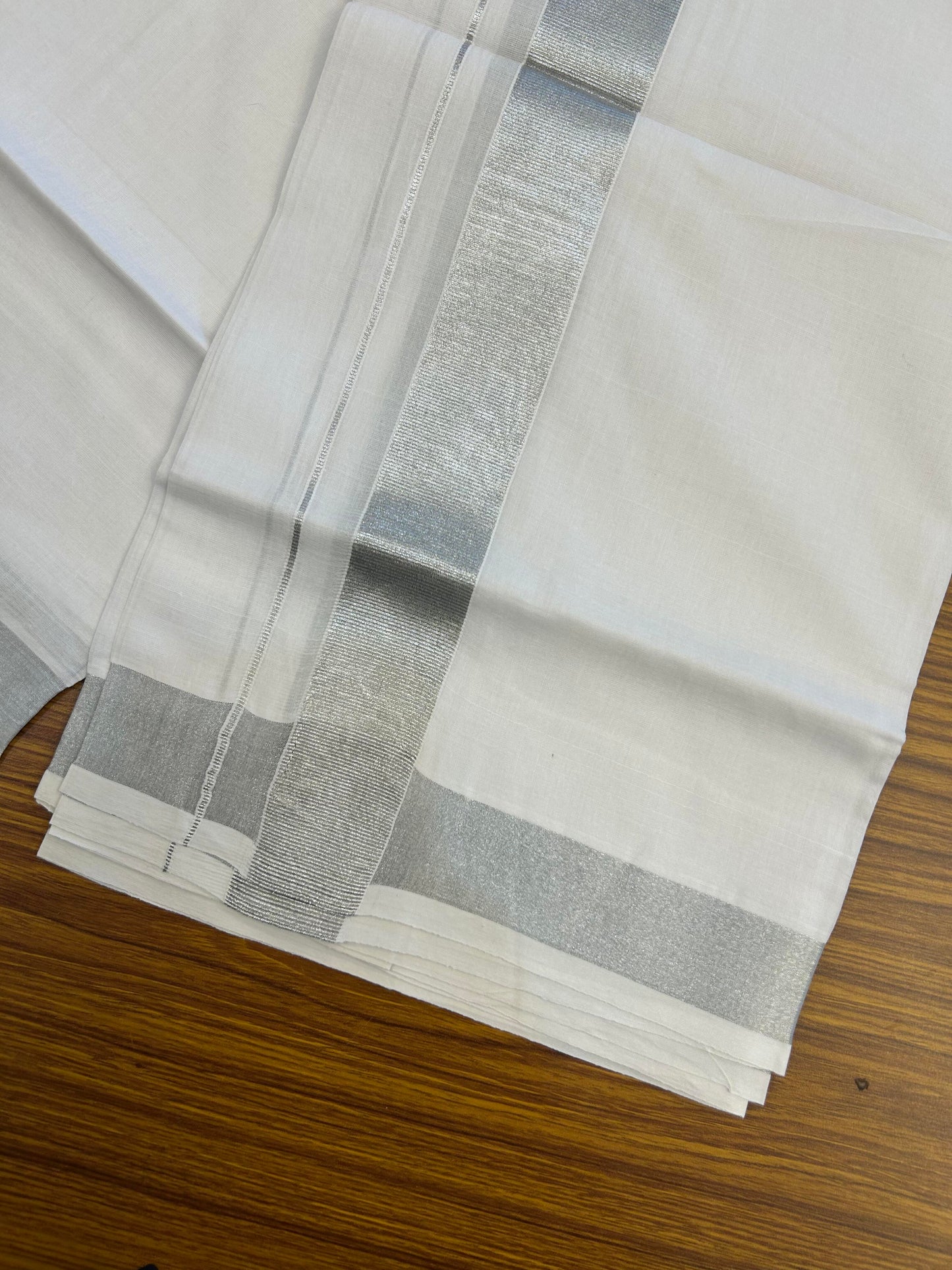 20% Discount ! KaithariKada Balaramapuram 100% Cotton Double Pure white Mundu/Dhoti - 100x80 - 1.5 inch Silver Kasav Kara 3.90 M(8 Muzham) - 82 KK5364 MC