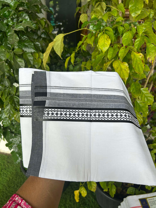 20% Discount ! KaithariKada Balaramapuram Cotton Double Pure white Mundu/Dhoti- 60s - 2.5 inch Black Printed Stripes Design Kara - 3.65 mtr (8 muzham) - 15 KK5309 GAN