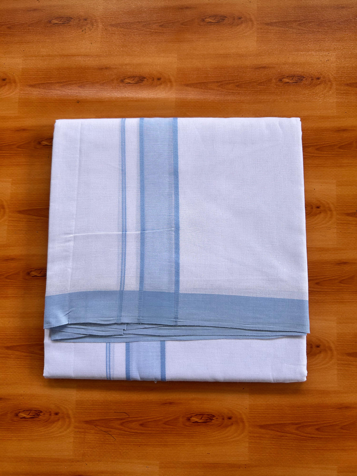 Blue Dyed Pure White Double Mundu/Dhoti - 20% Discount ! Kaitharikada Pure Cotton - 80s - 1.5 inch Light Blue Shaded Kara 3.85 mtr (8 muzham) - 6 KK5525 MRH