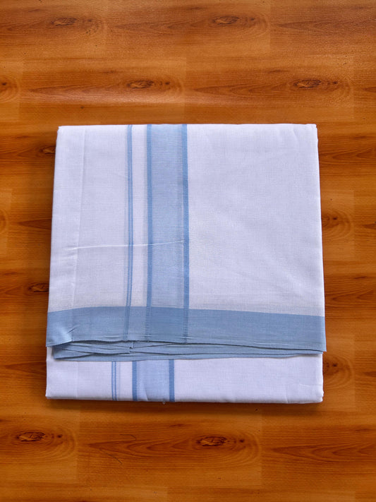 Blue Dyed Pure White Double Mundu/Dhoti - 20% Discount ! Kaitharikada Pure Cotton - 80s - 1.5 inch Light Blue Shaded Kara 3.85 mtr (8 muzham) - 6 KK5525 MRH