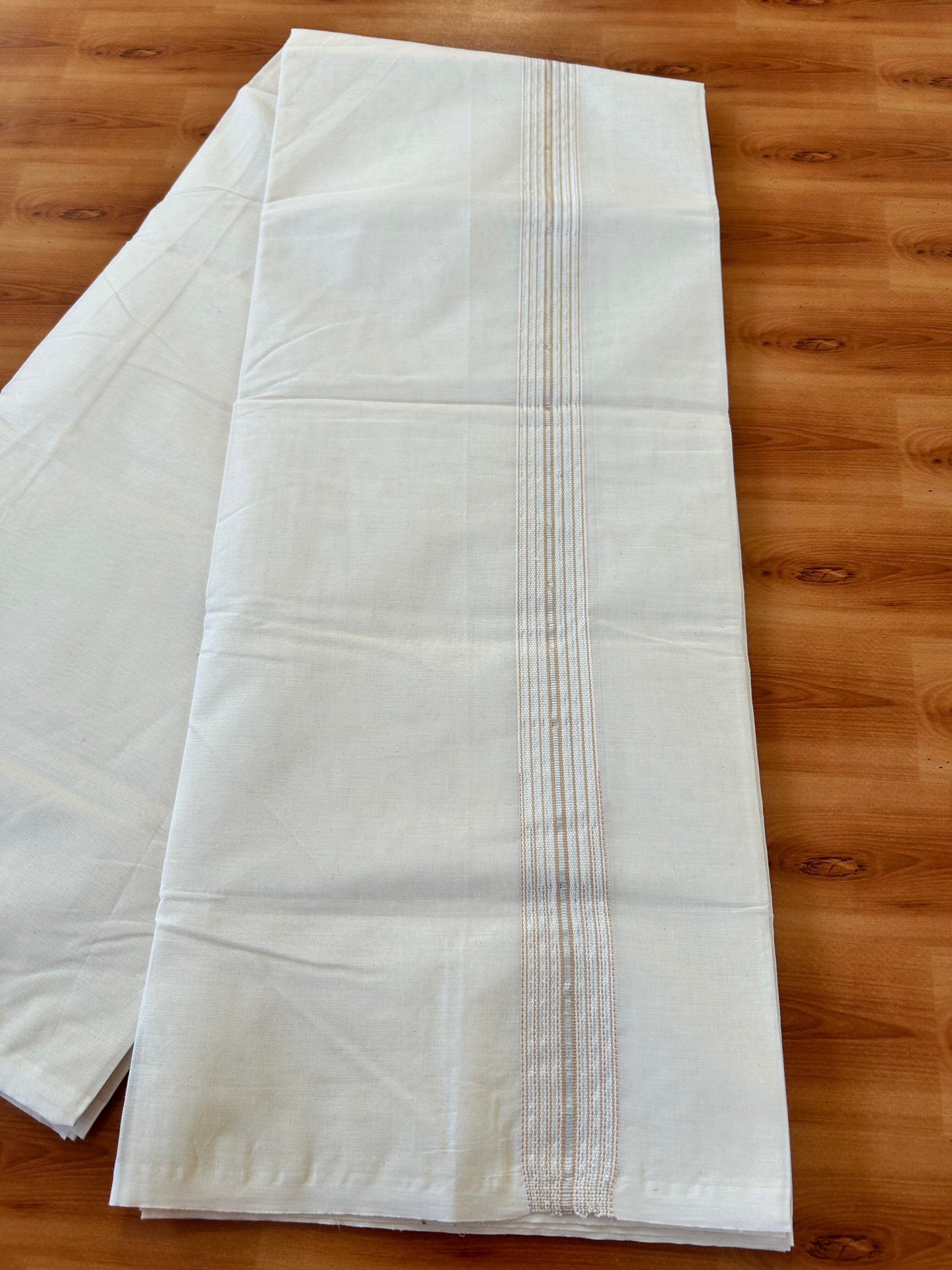 Double Off white Mundu/Dhoti - 20% Discount! KaithariKada Balaramapuram - 100% Cotton  100x100 - 1.25 inch Puliyilakkara Silver Kasav & Cream 12 Line Chutty Kara - 4 mtr (8.5 muzham) - 6 KK5457 ASH