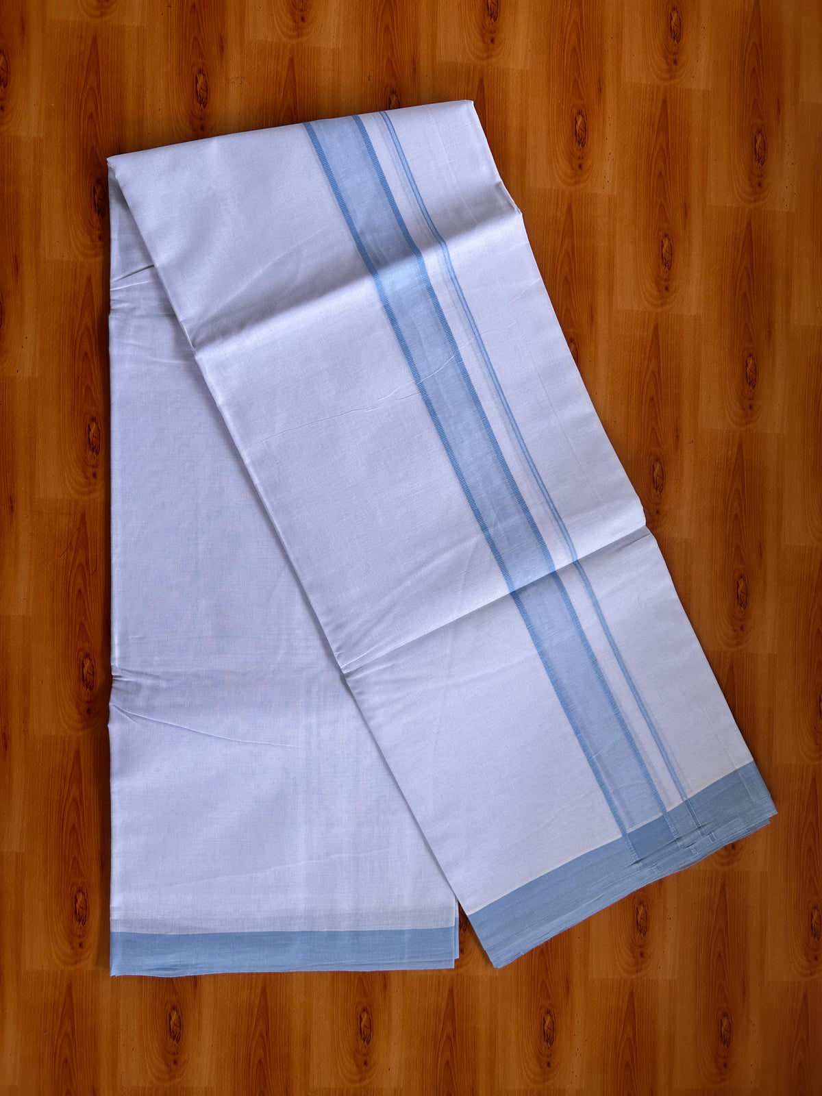 Blue Dyed Pure White Double Mundu/Dhoti - 20% Discount ! Kaitharikada Pure Cotton - 80s - 1.5 inch Light Blue Shaded Kara 3.85 mtr (8 muzham) - 6 KK5525 MRH
