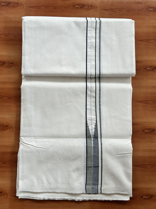 Single Mundu/Dhoti - Off White (Unbleached) 20% Discount !! KaithariKada Balaramapuram 100% Cotton Twisted 100s Thread - 0.75 inch Silver Kasav Black & Olive Green Puliyilakkara Chutty (2 meter/4 Muzham) - 2 KK5407 ASH