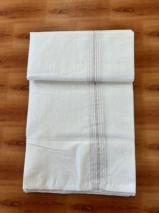 Double Off white Mundu/Dhoti - 20% Discount! KaithariKada Balaramapuram - 100% Cotton  100x100 - 1.25 inch Puliyilakkara Silver Kasav & Cream 12 Line Chutty Kara - 4 mtr (8.5 muzham) - 6 KK5457 ASH