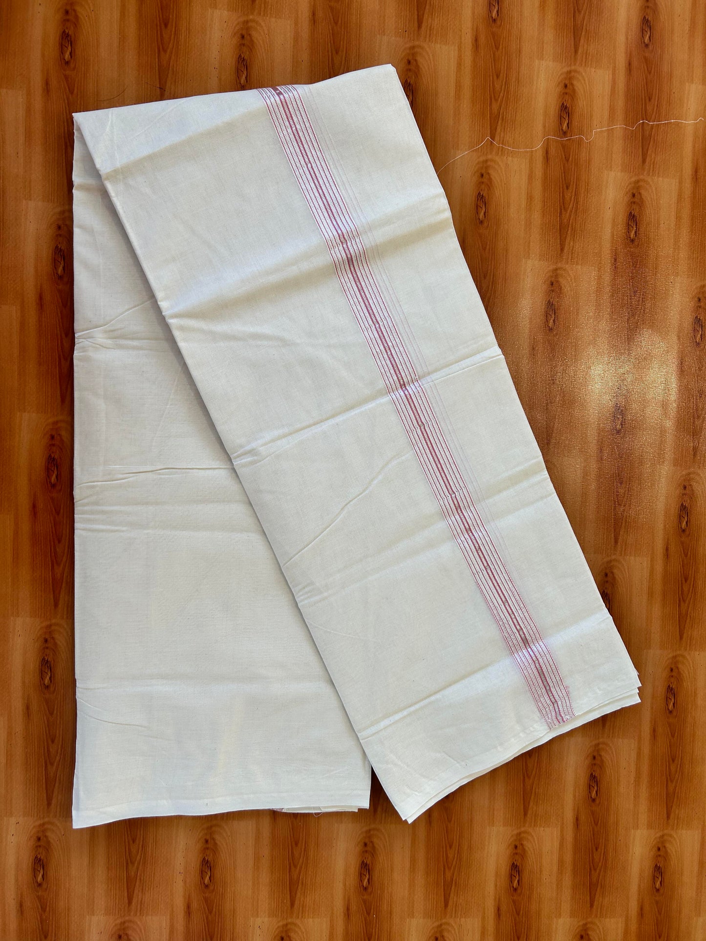 Double Off white Mundu/Dhoti - 20% Discount! KaithariKada Balaramapuram - 100% Cotton  100x100 - 1.25 inch Puliyilakkara Silver Kasav & Pink 12 Line Chutty Kara - 4 mtr (8.5 muzham) - 7 KK5457 ASH