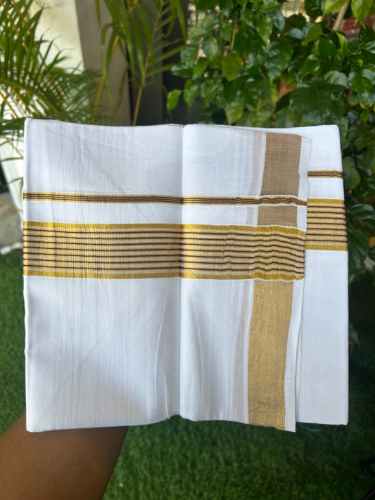 20% DISCOUNT! Kaitharikada Balaramapuram 100% Cotton PURE WHITE Double Mundu/Dothi - 80x80 - 1.75 Inch Gold Kasavu & Purple striped Kara - 63KK5182VAS