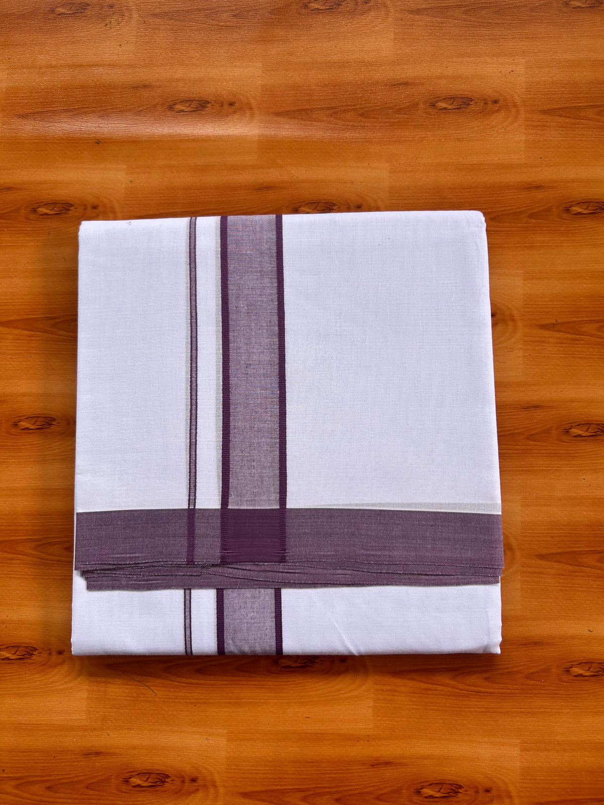 Blue Dyed Pure White Double Mundu/Dhoti - 20% Discount ! Kaitharikada Pure Cotton - 80s - 1.5 inch Dark Purple Shaded Kara 3.85 mtr (8 muzham) - 7 KK5525 MRH