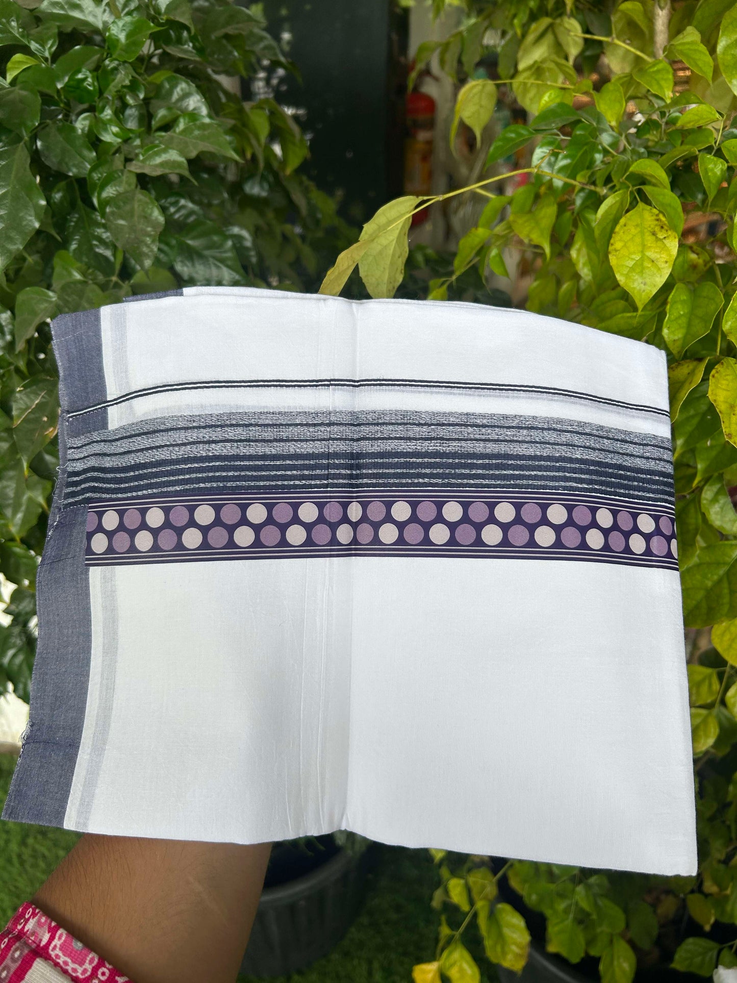 20% Discount ! KaithariKada Balaramapuram Cotton Double Pure white Mundu/Dhoti- 60s - 2.5 inch Black & Purple Printed Shaded Stripes Design Kara - 3.65 mtr (8 muzham) - 28 KK5309 GAN