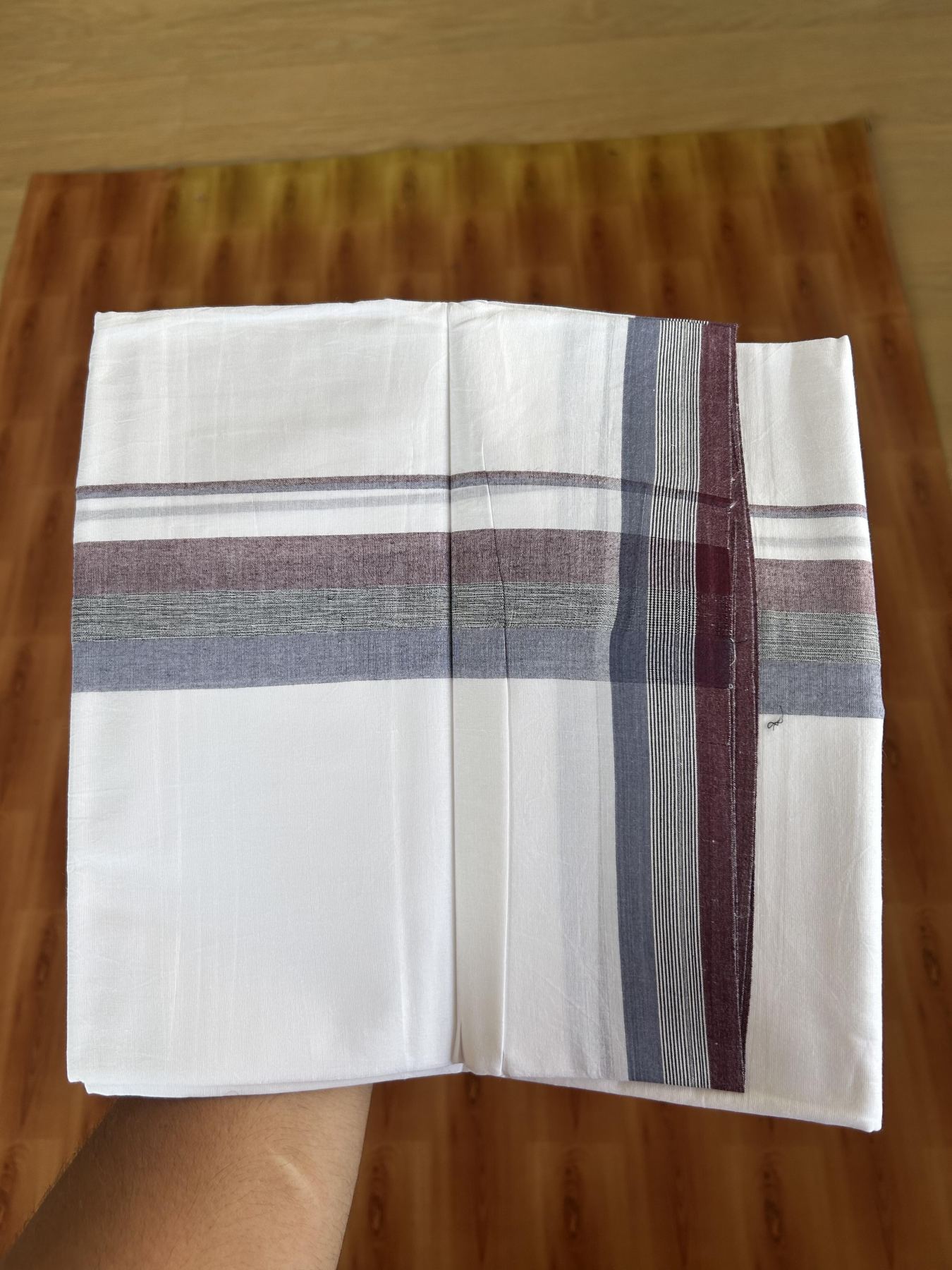 20% Discount ! Kaitharikada Balaramapuram 100% Pure Cotton Double Pure White Mundu/Dhoti - 100x80 - 2 inch Wine, Black & Ash Blue Shaded Kara 3.80 mtr (8 muzham) - 23 KK5382 VIN
