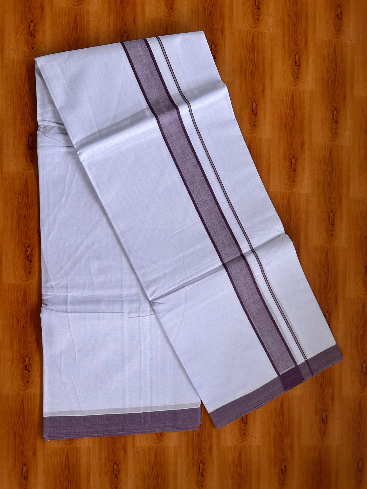 Blue Dyed Pure White Double Mundu/Dhoti - 20% Discount ! Kaitharikada Pure Cotton - 80s - 1.5 inch Dark Purple Shaded Kara 3.85 mtr (8 muzham) - 7 KK5525 MRH