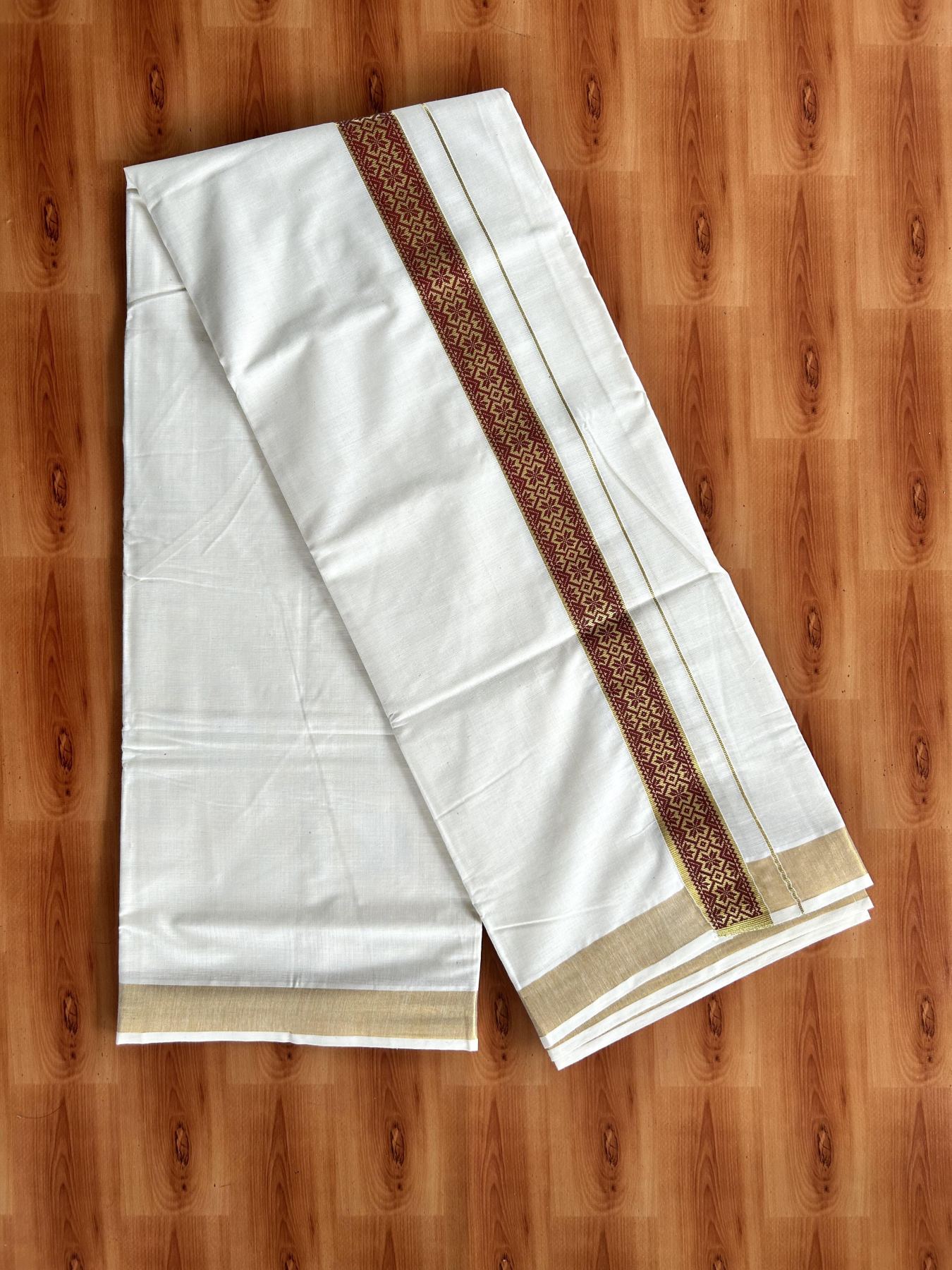 Double Off White - (Unbleached) Mundu/Dhoti- 20% Discount!! KaithariKada Balaramapuram 100% Cotton 60s - 1.5 inch Gold Kasav with Red Printed Design Kara - 13 KK5408 GAN