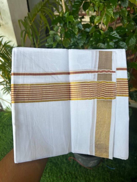 20% DISCOUNT! Kaitharikada Balaramapuram 100% Cotton PURE WHITE Double Mundu/Dothi - 80x80 - 1.75 Inch Gold Kasavu & Magenta striped Kara - 64KK5182VAS