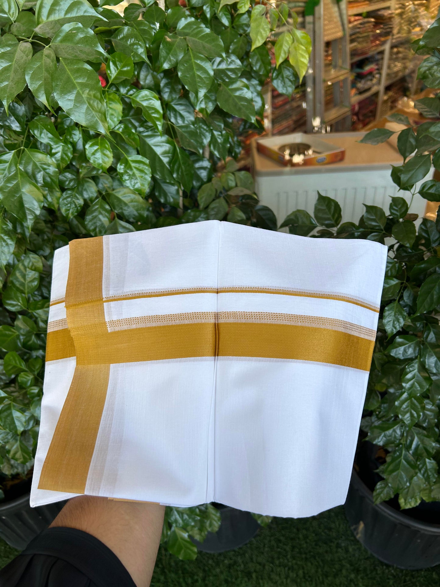 20% Discount ! Kaitharikada Balaramapuram 100% Cotton Pure White Double Mundu/Dothi - 100x80 - 1.5 inch Dark Mustard Shaded Stripes Kara 3.90 m (8 muzham) - 56 KK5364 MC