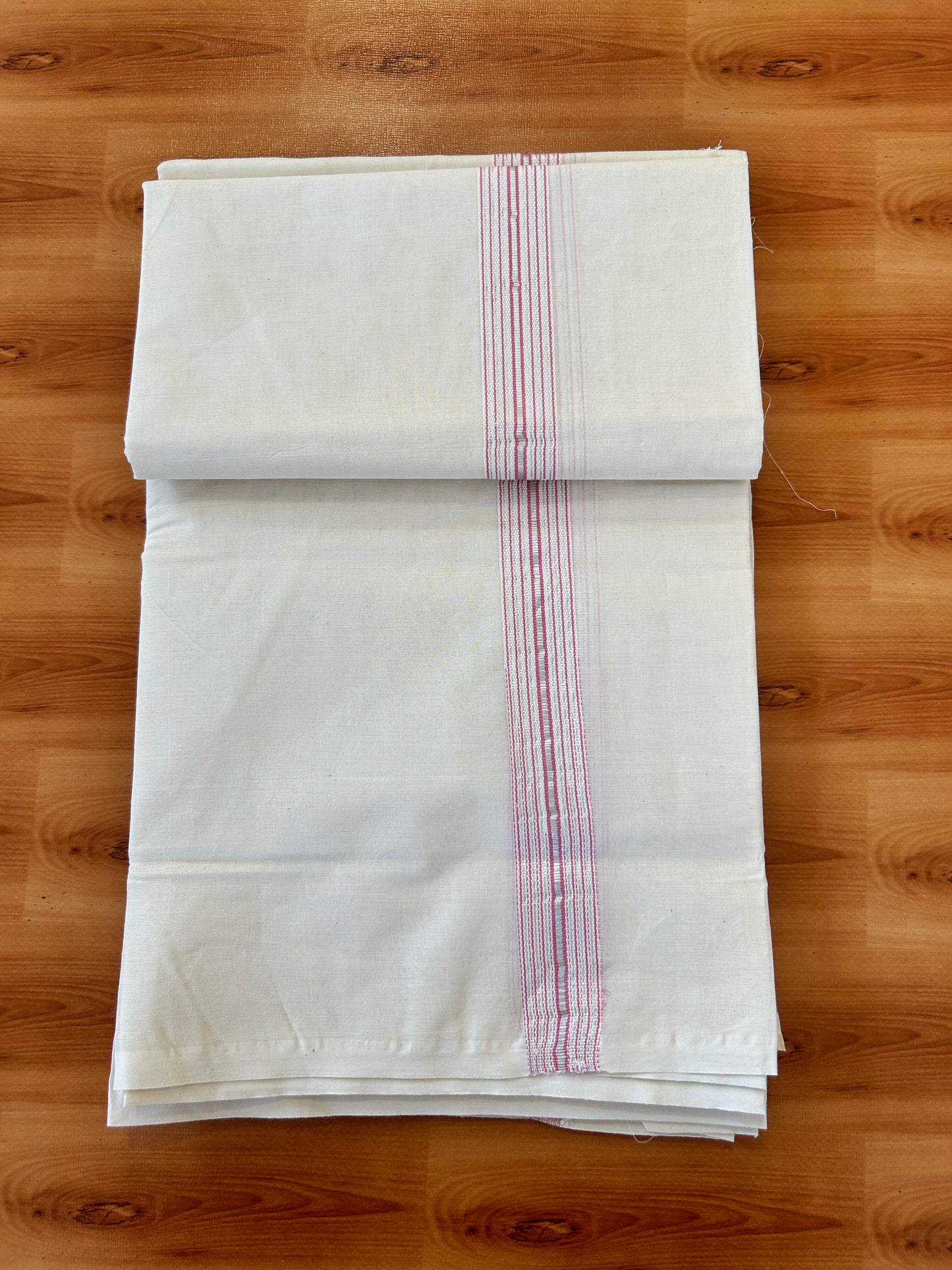 Double Off white Mundu/Dhoti - 20% Discount! KaithariKada Balaramapuram - 100% Cotton  100x100 - 1.25 inch Puliyilakkara Silver Kasav & Pink 12 Line Chutty Kara - 4 mtr (8.5 muzham) - 7 KK5457 ASH