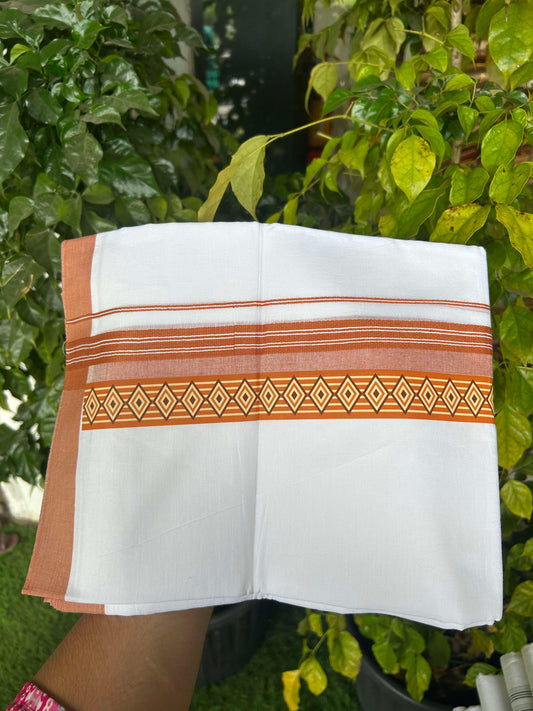 20% Discount ! KaithariKada Balaramapuram Cotton Double Pure white Mundu/Dhoti- 60s - 2.5 inch Rust Orange & Brown Printed Shaded Stripes Design Kara - 3.65 mtr (8 muzham) - 25 KK5309 GAN
