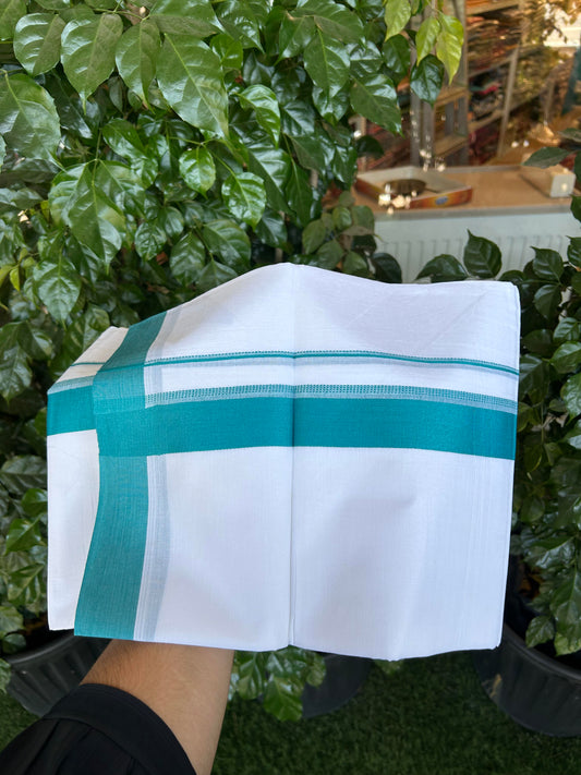 20% Discount ! Kaitharikada Balaramapuram 100% Cotton Pure White Double Mundu/Dothi - 100x80 - 1.5 inch Light Peacock Blue Shaded Stripes Kara 3.90 m (8 muzham) - 60 KK5364 MC
