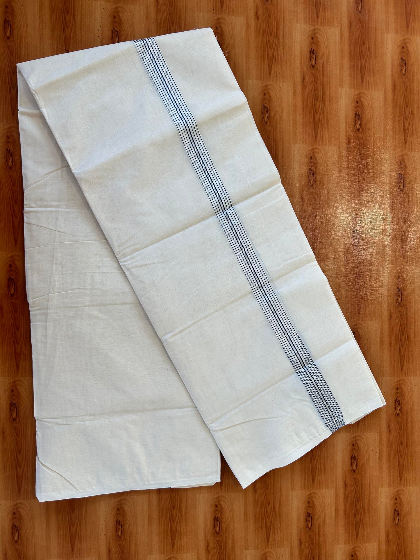 Double Off white Mundu/Dhoti - 20% Discount! KaithariKada Balaramapuram - 100% Cotton  100x100 - 1.25 inch Puliyilakkara Silver Kasav & Ash Blue 12 Line Chutty Kara - 4 mtr (8.5 muzham) - 8 KK5457 ASH