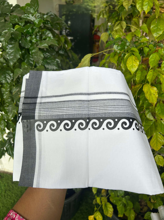 20% Discount ! KaithariKada Balaramapuram Cotton Double Pure white Mundu/Dhoti- 60s - 2.5 inch Black Printed Shaded Stripes Design Kara - 3.65 mtr (8 muzham) - 27 KK5309 GAN