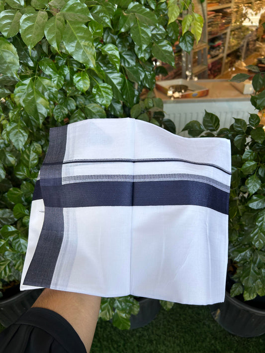 20% Discount ! Kaitharikada Balaramapuram 100% Cotton Pure White Double Mundu/Dothi - 100x80 - 1.5 inch Navy Blue Shaded Stripes Kara 3.90 m (8 muzham) - 54 KK5364 MC
