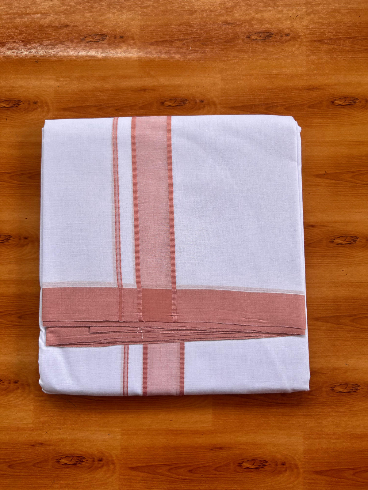 Blue Dyed Pure White Double Mundu/Dhoti - 20% Discount ! Kaitharikada Pure Cotton - 80s - 1.5 inch Creamy Peach Shaded Kara 3.85 mtr (8 muzham) - 8 KK5525 MRH