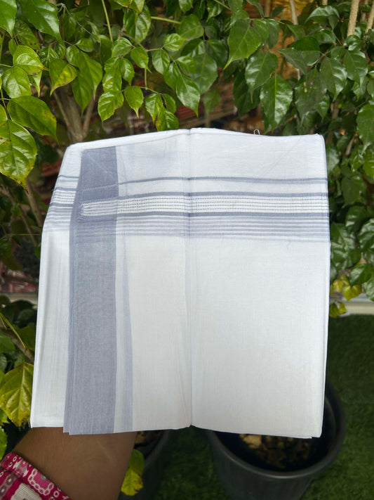20% Discount!! KaithariKada Balaramapuram 100% Cotton Double Pure White Mundu/Dhoti - 100x100 - 1.25 inch Lavender Blue Striped Kara 3.96 mtr (8 muzham) - 9 KK5309 GAN