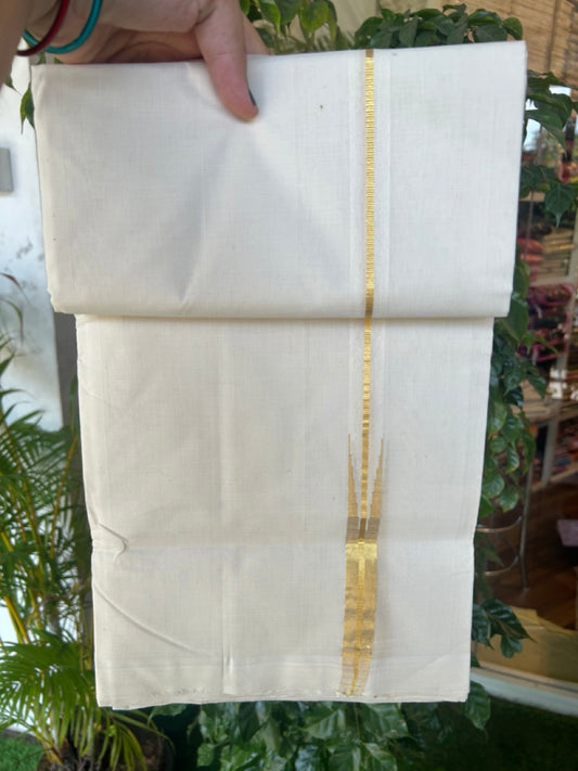 25% DISCOUNT!! KaithariKada HANDLOOM  UNAKKUPAAV Balaramapuram - 100% PURE Cotton OFF White - (Unbleached) Double Mundu/Dothi - 120 (Twisted) x 100 - 0.75 inch Puliyilakkara Kasav Chutty - 6KK5195REA