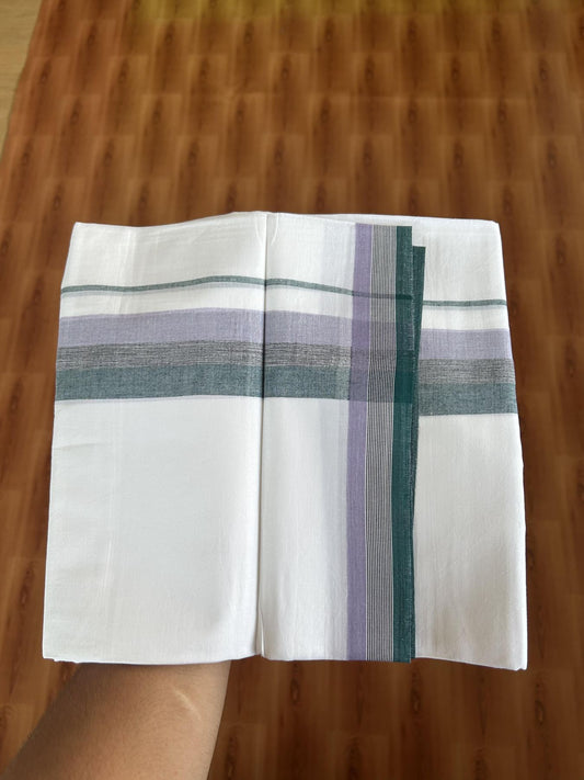 20% Discount ! Kaitharikada Balaramapuram 100% Pure Cotton Double Pure White Mundu/Dhoti - 100x80 - 1.75 inch Lavender, Black & Green Shaded Kara 3.80 mtr (8 muzham) - 20 KK5382 VIN