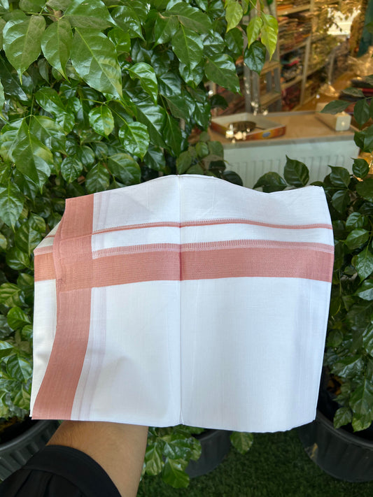 20% Discount ! Kaitharikada Balaramapuram 100% Cotton Pure White Double Mundu/Dothi - 100x80 - 1.5 inch Pinkish Peach Shaded Stripes Kara 3.90 m (8 muzham) - 53 KK5364 MC