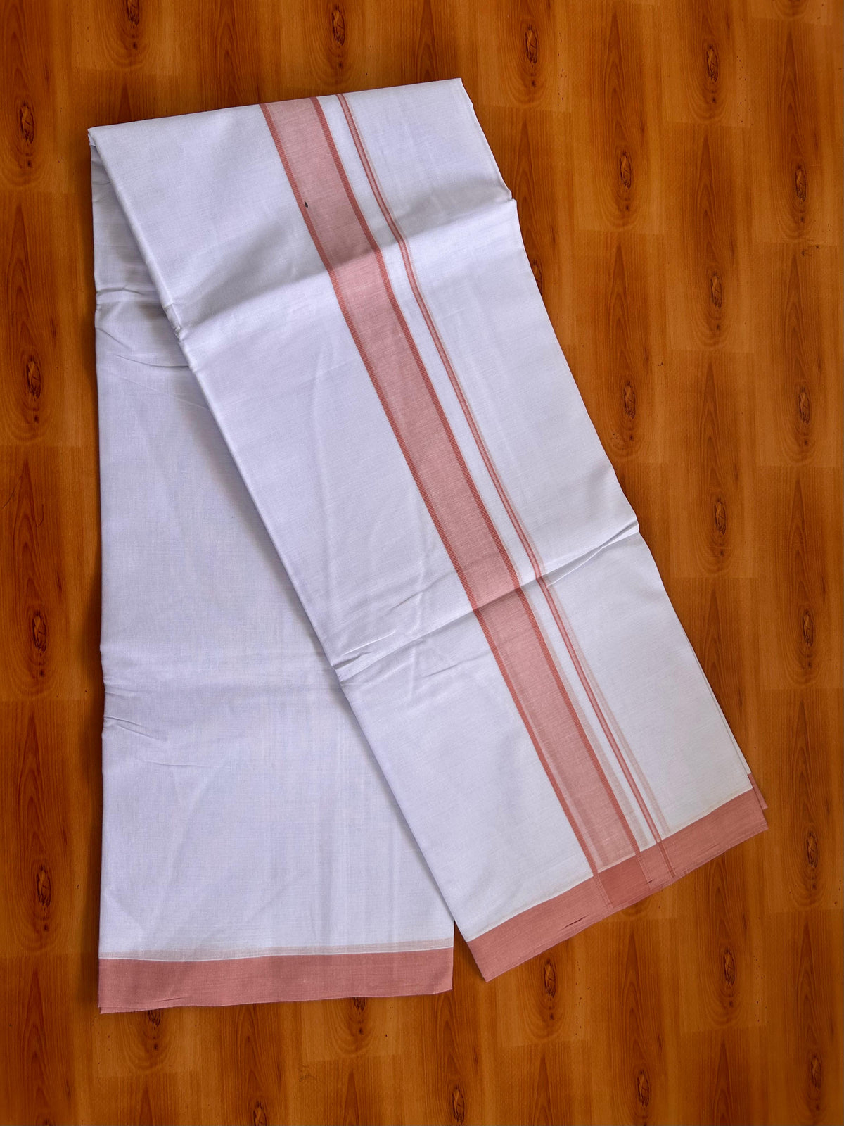 Blue Dyed Pure White Double Mundu/Dhoti - 20% Discount ! Kaitharikada Pure Cotton - 80s - 1.5 inch Creamy Peach Shaded Kara 3.85 mtr (8 muzham) - 8 KK5525 MRH