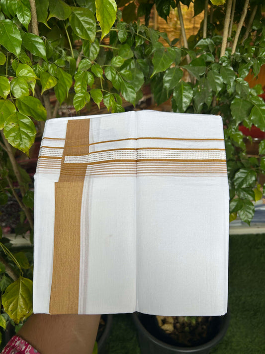 20% Discount!! KaithariKada Balaramapuram 100% Cotton Double Pure White Mundu/Dhoti - 100x100 - 1.25 inch Light Brown Striped Kara 3.96 mtr (8 muzham) - 8 KK5309 GAN