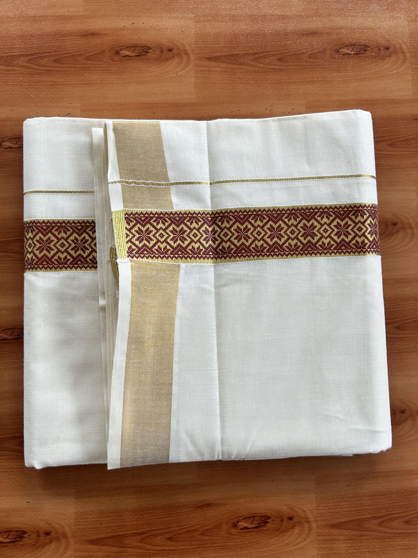 Double Off White - (Unbleached) Mundu/Dhoti- 20% Discount!! KaithariKada Balaramapuram 100% Cotton 60s - 1.5 inch Gold Kasav with Red Printed Design Kara - 13 KK5408 GAN