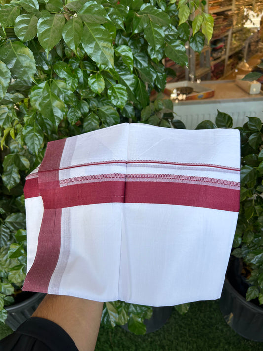 20% Discount ! Kaitharikada Balaramapuram 100% Cotton Pure White Double Mundu/Dothi - 100x80 - 1.5 inch Maroon Shaded Stripes Kara 3.90 m (8 muzham) - 52 KK5364 MC