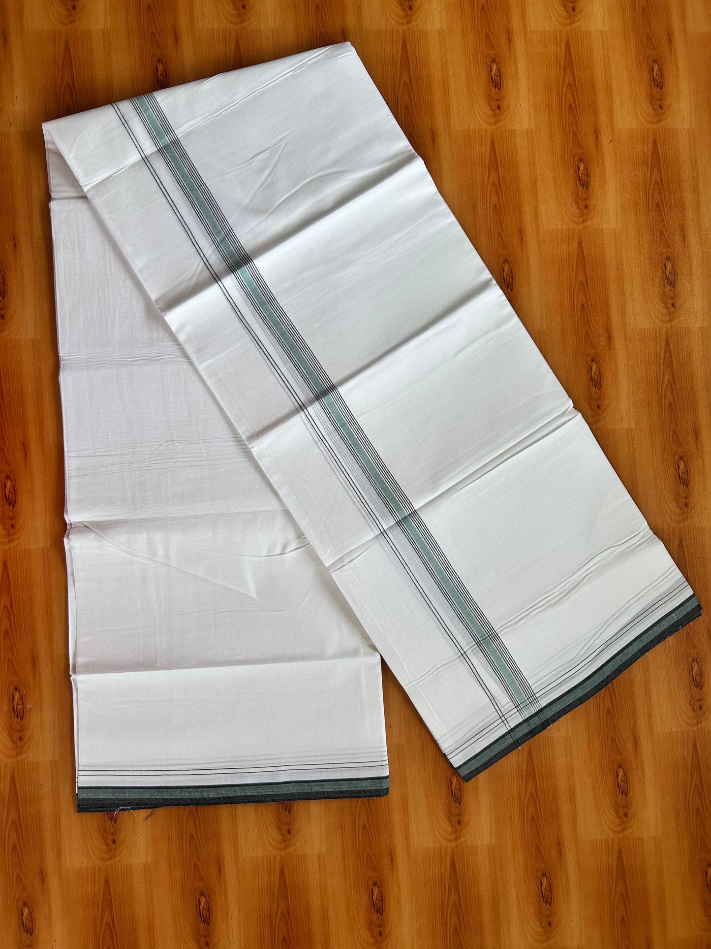 Pure White Double Mundu/Dhoti - 20% Discount ! Kaitharikada 100% Cotton  - 100x80 - 0.75 inch Black & Teal green Stripes Kara 3.90 mtr (8.5 muzham) - 13 KK5490 VAS
