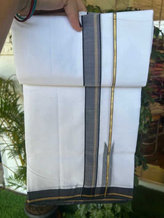 25% Discount!! NEW ULTRA PURE WHITE HANDLOOM Balaramapuram - 100% Mercerised Cotton Double Mundu/Dhoti - 120(Twisted) x 80 - 0.5 inch Black Kasav & Sand Brown Puliyilakkara Chutty - 5KK5195REA