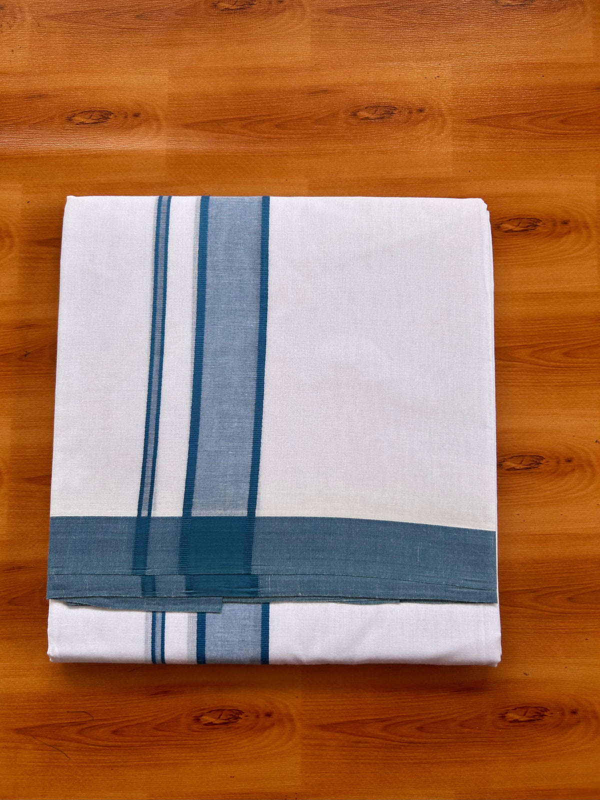 Blue Dyed Pure White Double Mundu/Dhoti - 20% Discount ! Kaitharikada Pure Cotton - 80s - 1.5 inch Peacock Blue Shaded Kara 3.85 mtr (8 muzham) - 9 KK5525 MRH