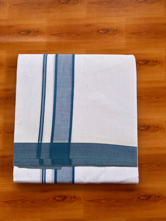 Blue Dyed Pure White Double Mundu/Dhoti - 20% Discount ! Kaitharikada Pure Cotton - 80s - 1.5 inch Peacock Blue Shaded Kara 3.85 mtr (8 muzham) - 9 KK5525 MRH