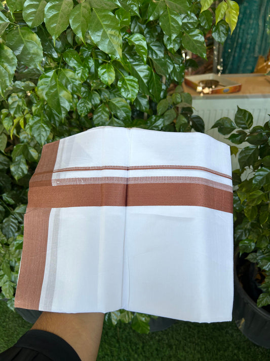 20% Discount ! Kaitharikada Balaramapuram 100% Cotton Pure White Double Mundu/Dothi - 100x80 - 1.5 inch Dark Brown Shaded Stripes Kara 3.90 m (8 muzham) - 51 KK5364 MC