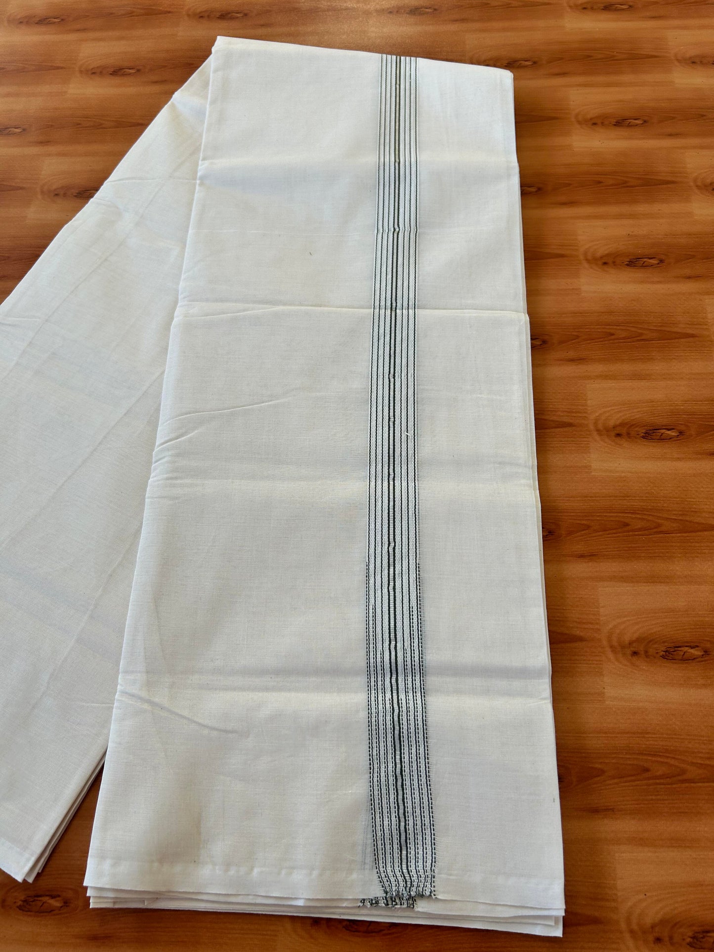 Double Off white Mundu/Dhoti - 20% Discount! KaithariKada Balaramapuram - 100% Cotton  100x100 - 1.25 inch Puliyilakkara Silver Kasav & Sage Green 12 Line Chutty Kara - 4 mtr (8.5 muzham) - 9 KK5457 ASH