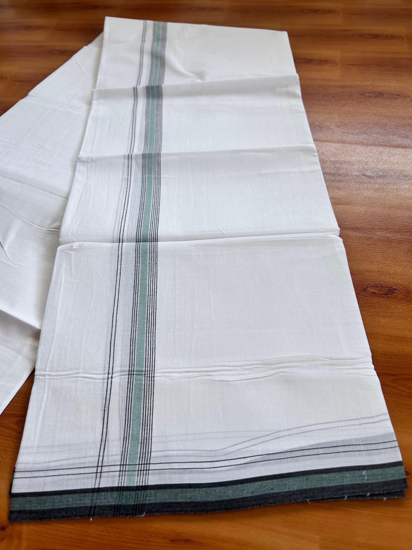 Pure White Double Mundu/Dhoti - 20% Discount ! Kaitharikada 100% Cotton  - 100x80 - 0.75 inch Black & Teal green Stripes Kara 3.90 mtr (8.5 muzham) - 13 KK5490 VAS