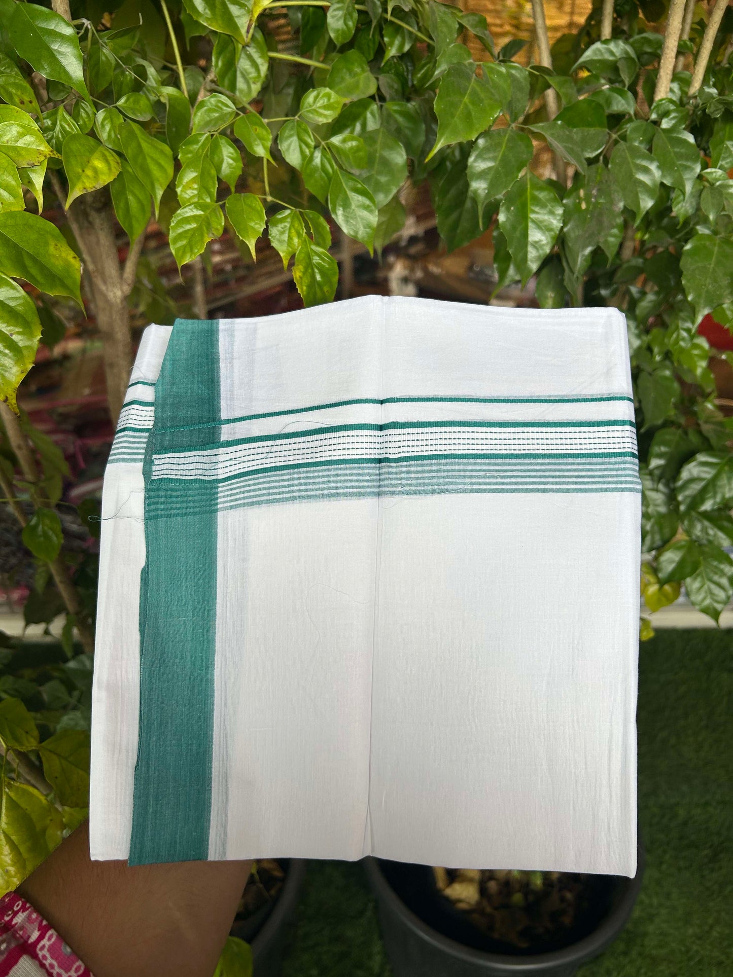 20% Discount!! KaithariKada Balaramapuram 100% Cotton Double Pure White Mundu/Dhoti - 100x100 - 1.5 inch Peacock Green Striped Kara 3.96 mtr (8 muzham) - 10 KK5309 GAN