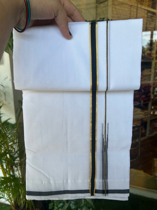 25% Discount!! NEW ULTRA PURE WHITE HANDLOOM Balaramapuram - 100% Mercerised Cotton Double Mundu/Dhoti - 120(Twisted) x 80 - 0.5 inch Black Kasav Puliyilakkara Chutty - 4KK5195REA