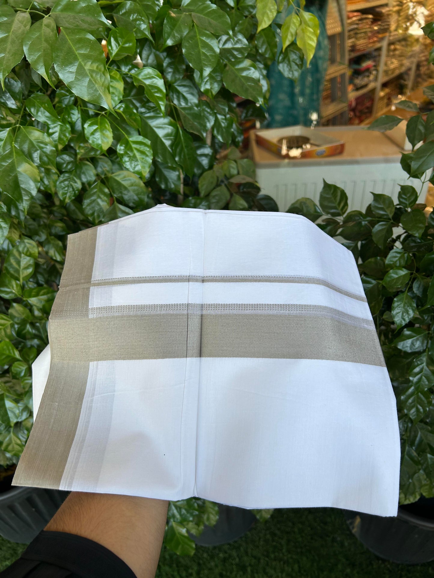 20% Discount ! Kaitharikada Balaramapuram 100% Cotton Pure White Double Mundu/Dothi - 100x80 - 1.5 inch Beig Shaded Stripes Kara 3.90 m (8 muzham) - 61 KK5364 MC