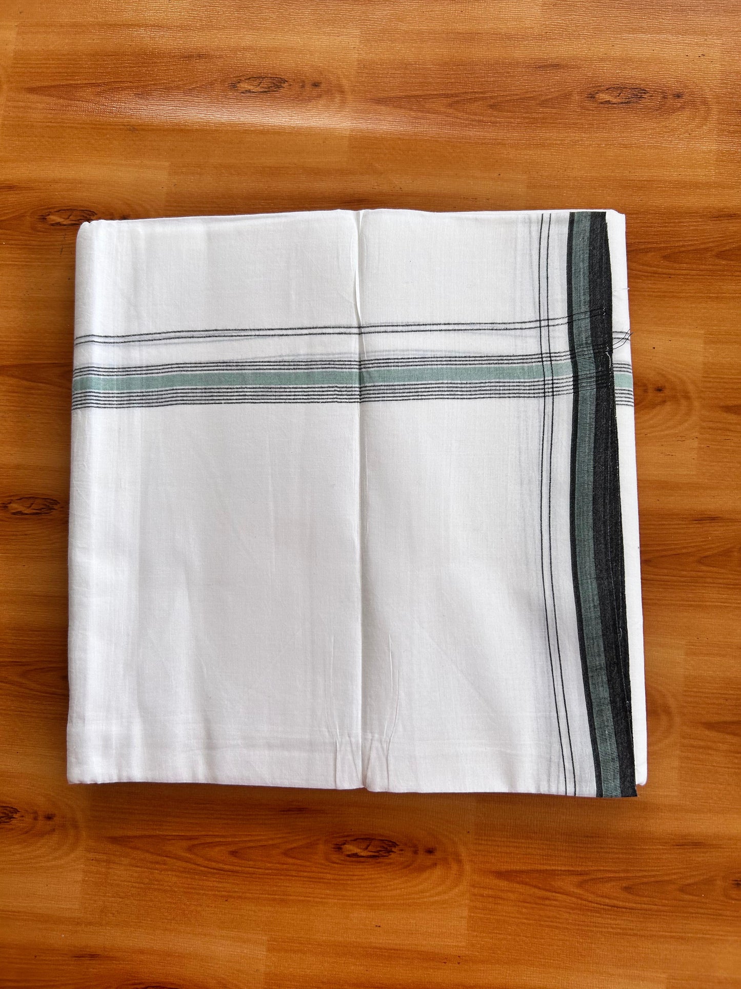 Pure White Double Mundu/Dhoti - 20% Discount ! Kaitharikada 100% Cotton  - 100x80 - 0.75 inch Black & Teal green Stripes Kara 3.90 mtr (8.5 muzham) - 13 KK5490 VAS