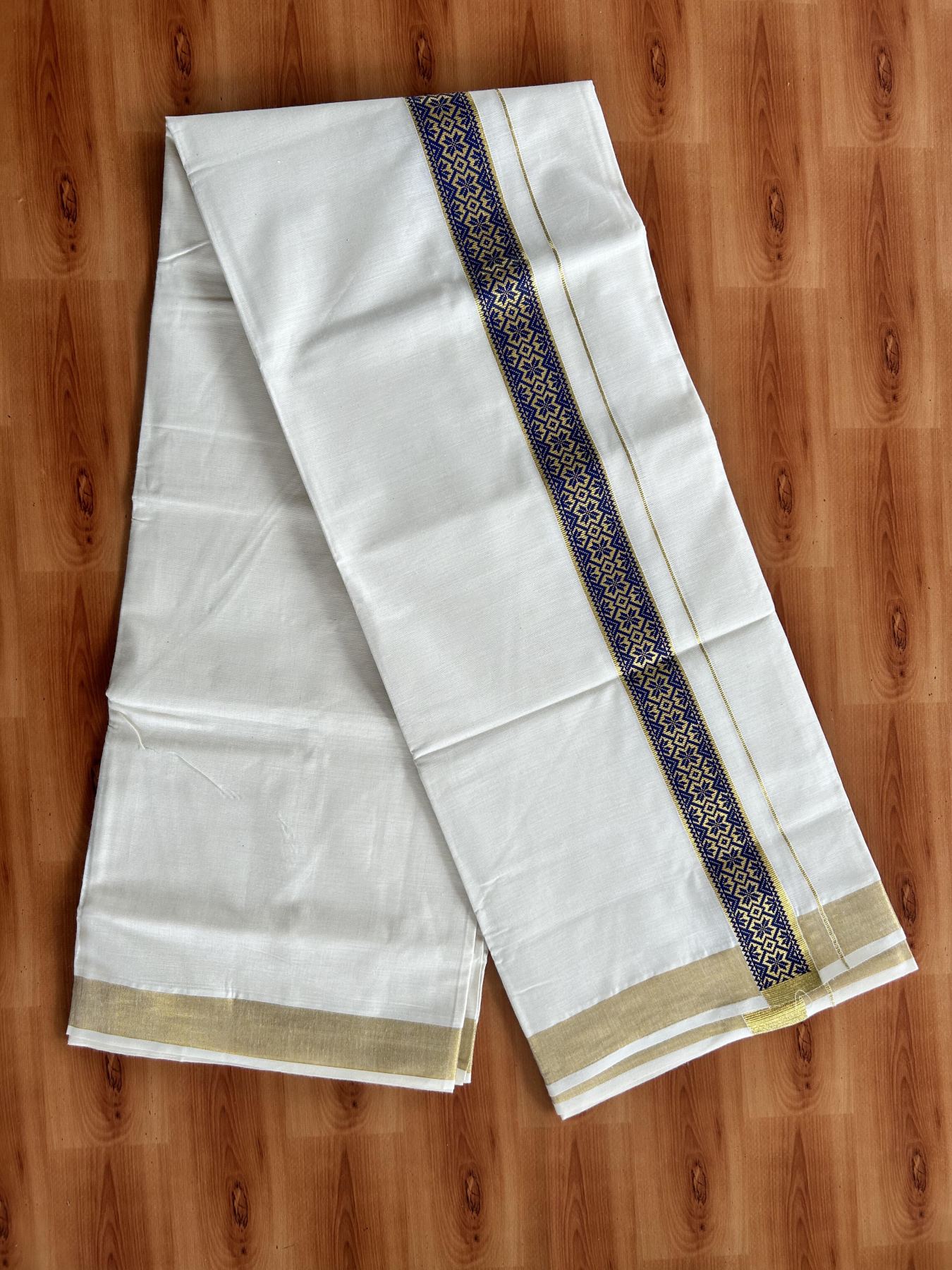 Double Off White - (Unbleached) Mundu/Dhoti- 20% Discount!! KaithariKada Balaramapuram 100% Cotton 60s - 1.5 inch Gold Kasav with Blue Printed Design Kara - 11 KK5408 GAN