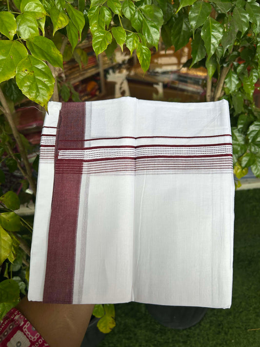 20% Discount!! KaithariKada Balaramapuram 100% Cotton Double Pure White Mundu/Dhoti - 100x100 - 1.25 inch Maroon Striped Kara 3.96 mtr (8 muzham) - 6 KK5309 GAN