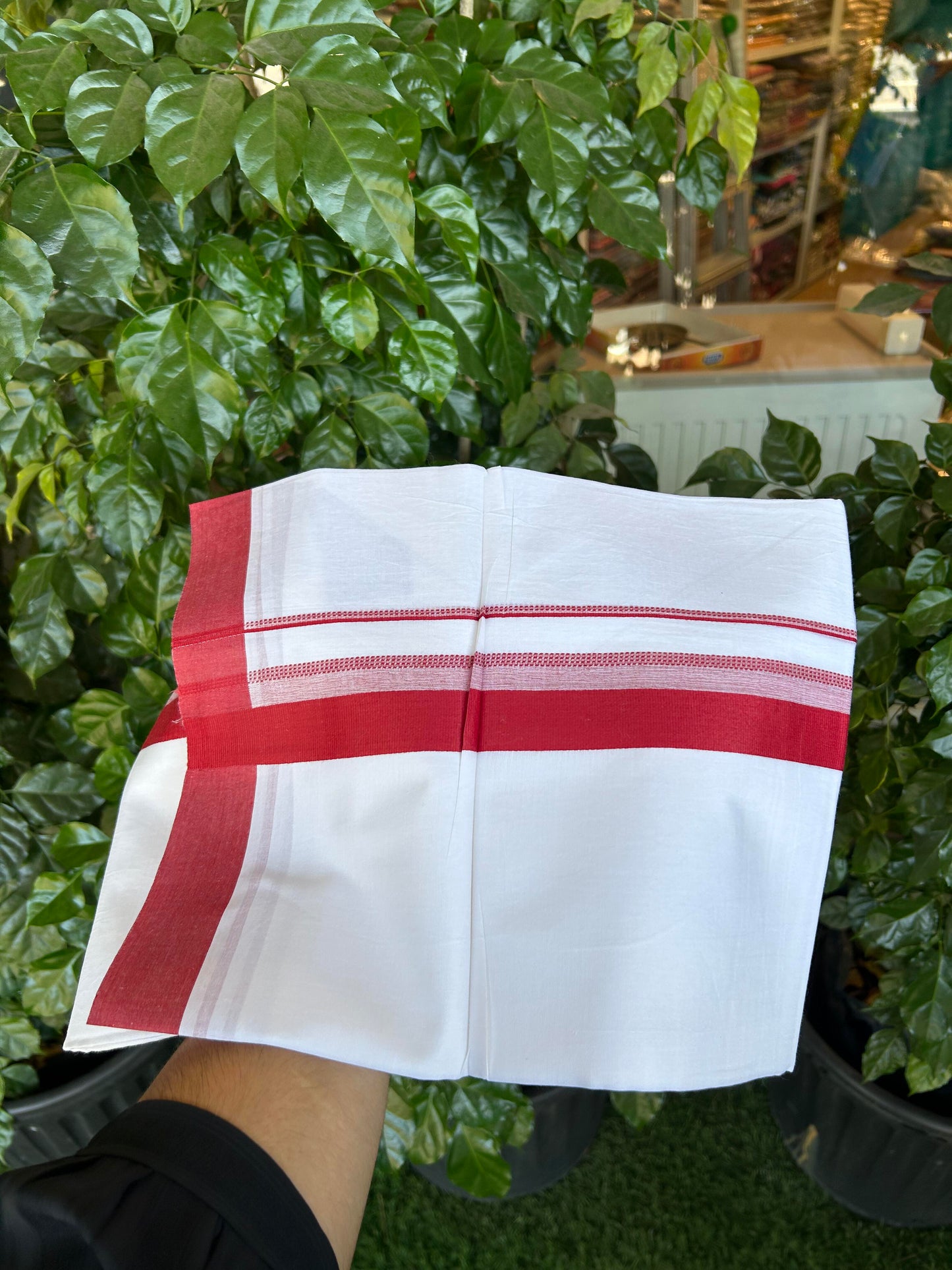 20% Discount ! Kaitharikada Balaramapuram 100% Cotton Pure White Double Mundu/Dothi - 100x80 - 1.5 inch Red Shaded Stripes Kara 3.90 m (8 muzham) - 59 KK5364 MC